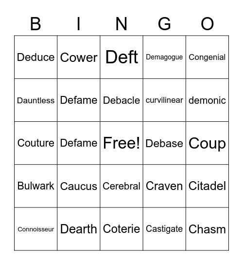 vocabulary bingo Card