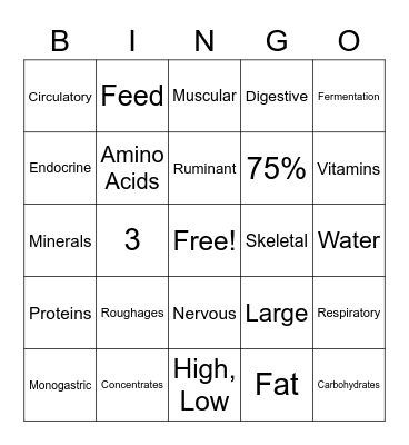 Animal Anatomy & Physiology & Nutrition Bingo Card