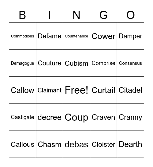 Vocabulary Bingo Card