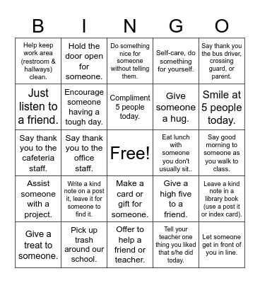 Acts of Kindness Bingo Card