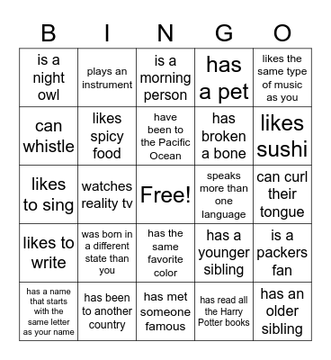 Find Someone Who Bingo Card