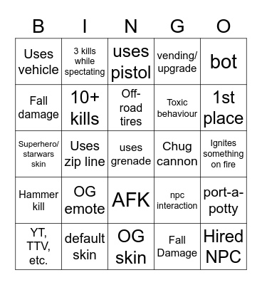 Fortnite zero build spectating Bingo Card