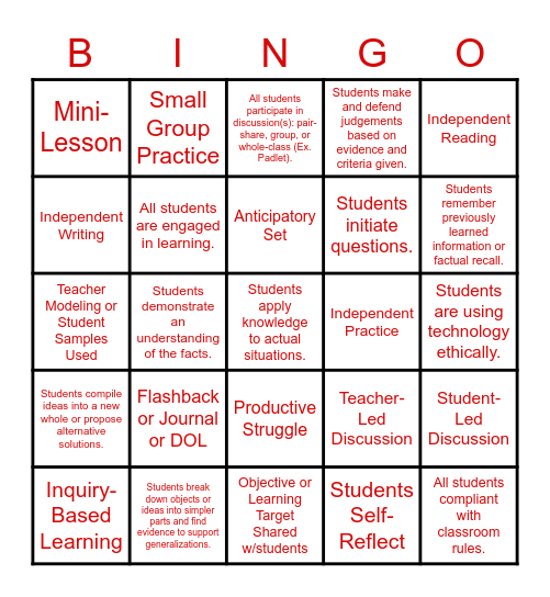 Classroom Observation Bingo Card
