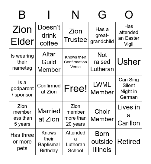 Zion Bingo Card