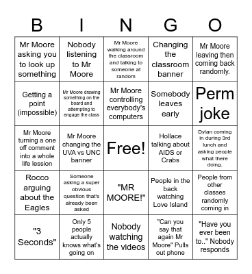 Mr Moore Bingo Card