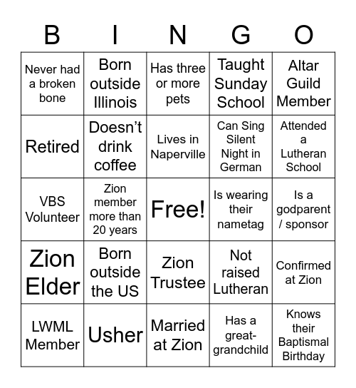 Zion Bingo Card