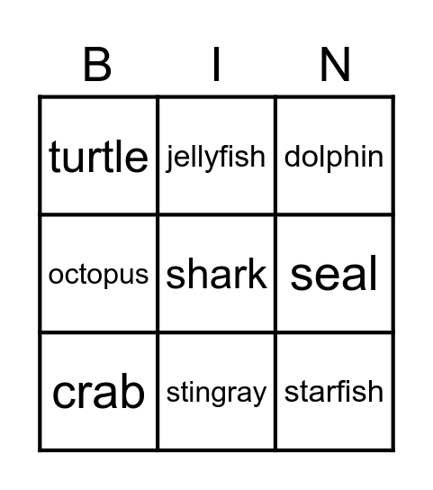 Sea creatures Bingo Card