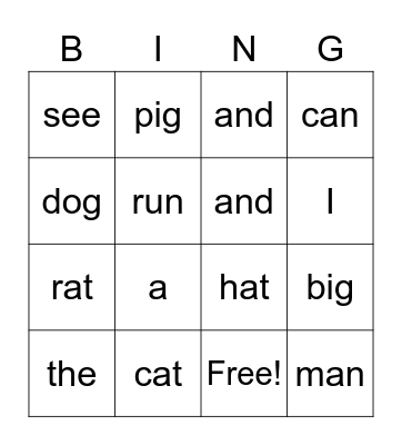 Pre-primer sight words Bingo Card