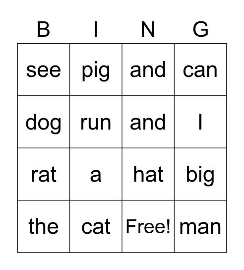 Pre-primer sight words Bingo Card