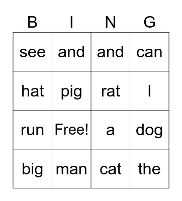 Pre-primer sight words Bingo Card