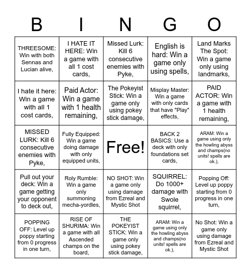 LOR Bingo Card