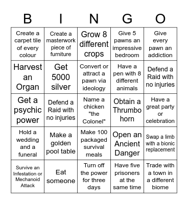 Rimworld Bingo Card