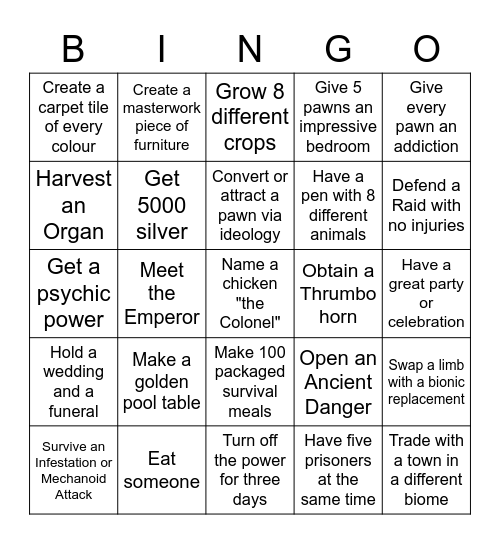 Rimworld Bingo Card