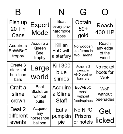 Terraria Pre-Hardmode Bingo Challenge Bingo Card