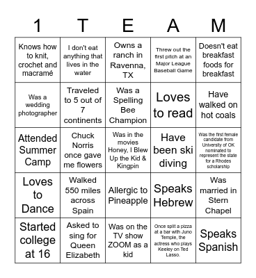 OneTeam Tell Us More Bingo Card