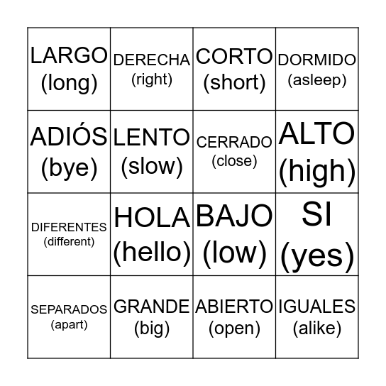 OPUESTOS  Bingo Card