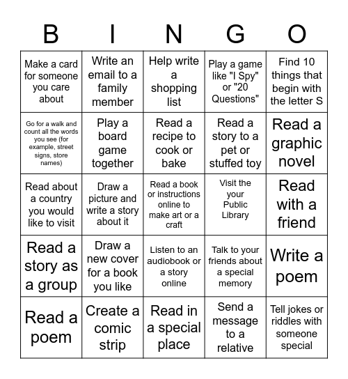 Literacy Week Bingo -To celebrate family literacy day, please do some fun literacy activities with your kids.  If you circle or check off 5 in a row, Bring the Bingo sheet back to the school with your name and grade for a chance at a prize in our draw! Bingo Card