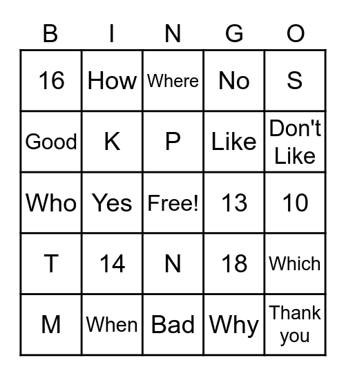 Basic ASL Signs Bingo Card