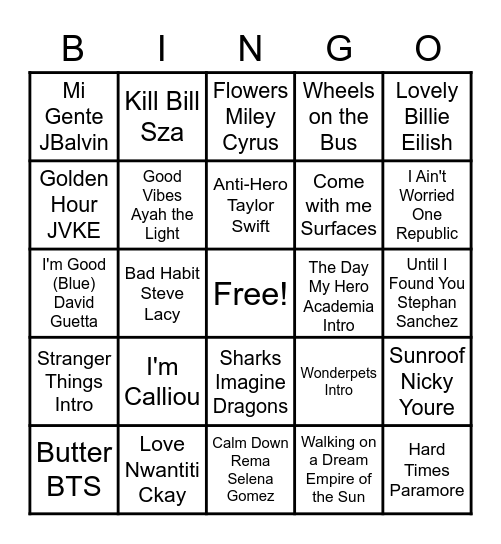 Musical Bingo Card