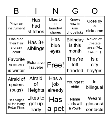 Speed Friending Game Bingo Card