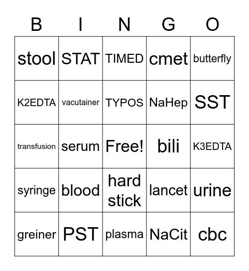 Phlebotomy BINGO Card