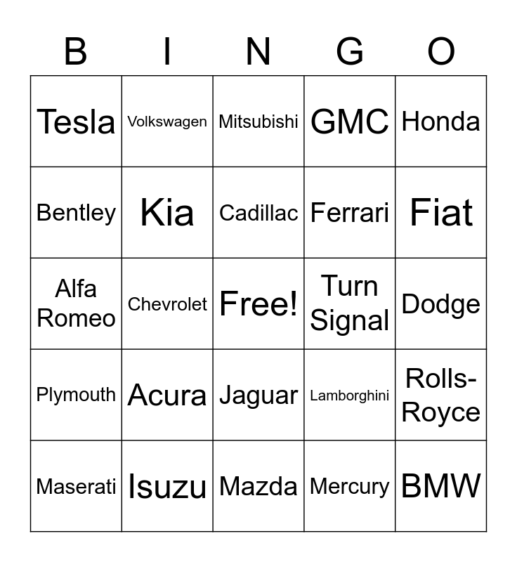 Car Bingo Card