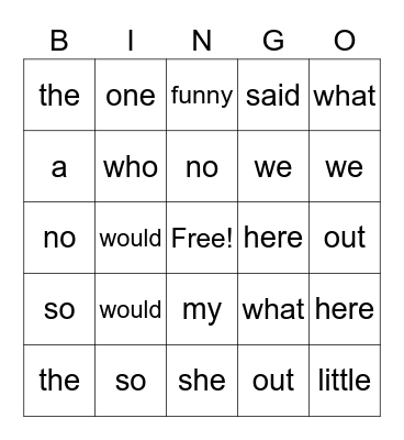 TRICKY WORD BINGO Card