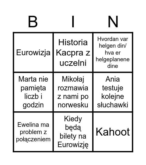 Bingo - Norweski z Kacprem Bingo Card