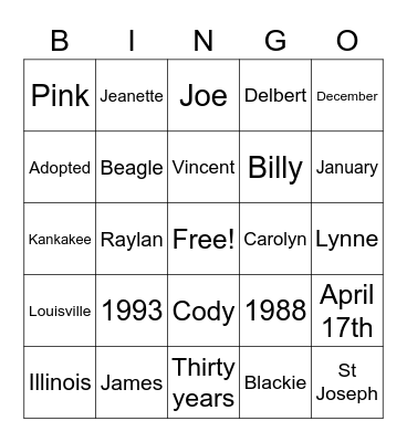Jeanette's BINGO Card