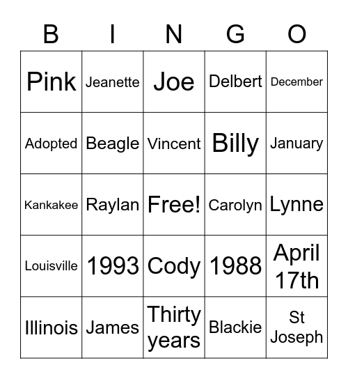 Jeanette's BINGO Card