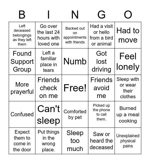 What's Normal in Grief? Bingo Card