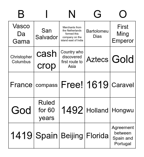 Explorers Bingo Card