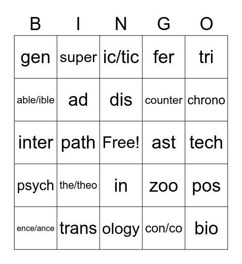 Word Parts 1-3 Bingo Card