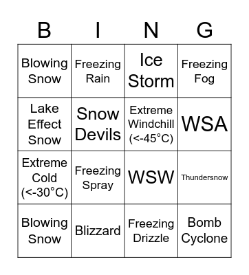 2022-2023 Winter Weather Bingo Card