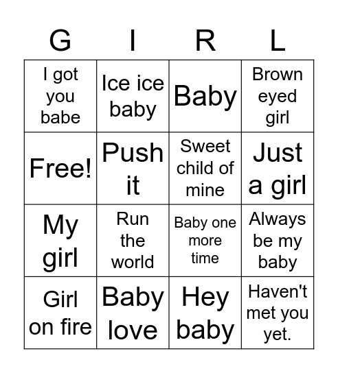 Baby shower songs Bingo Card