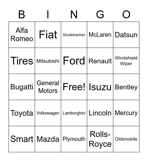 Car Bingo Card