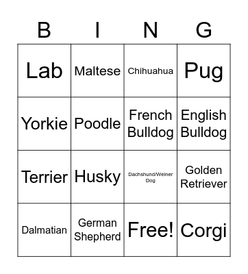 Dog Breed Bingo Card