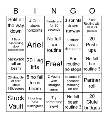 Gymnastics bingo Card