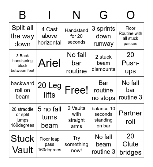 Gymnastics bingo Card