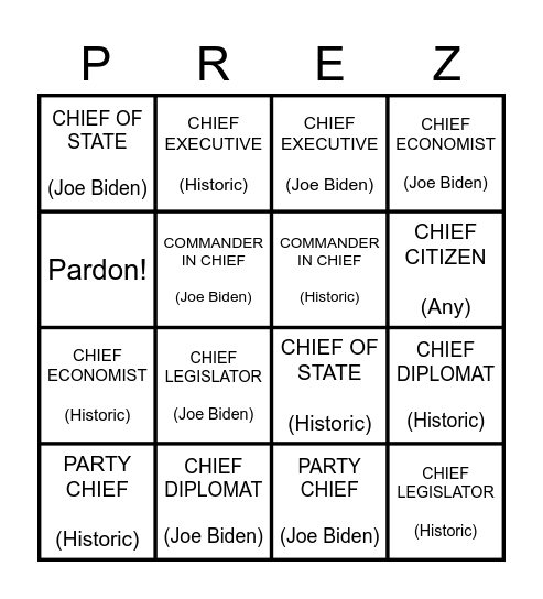Roles (Hats) of the President Bingo Card