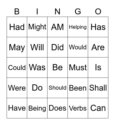 Helping (Auxiliary) Verbs Bingo Card