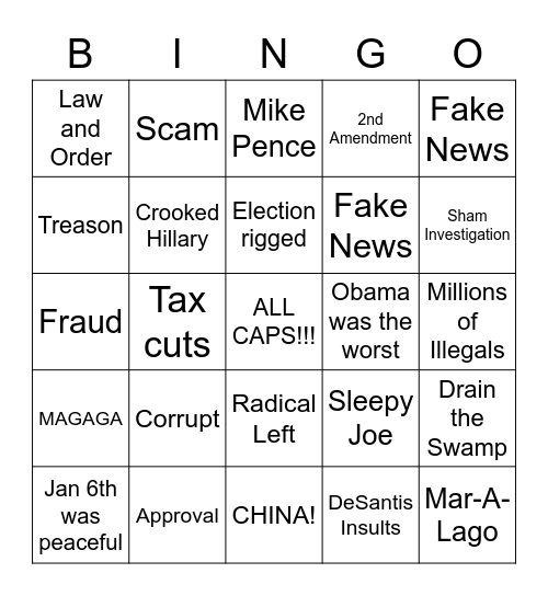 Trump Twitter/Facebook/Instagram Bingo Card