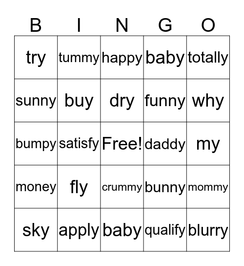 Y as long i and long e Bingo Card