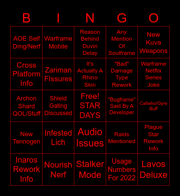 January 2023 Waframe Dev-Stream Bingo Card