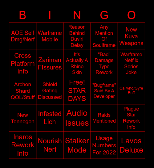 January 2023 Waframe Dev-Stream Bingo Card