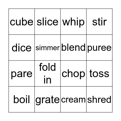 FCS Cooking Terms Bingo Card