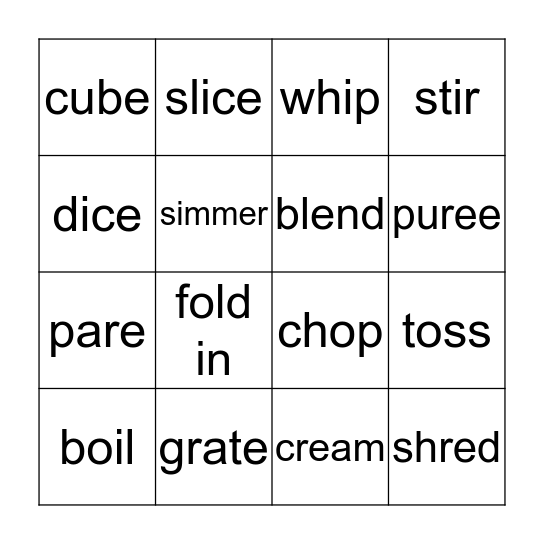 FCS Cooking Terms Bingo Card