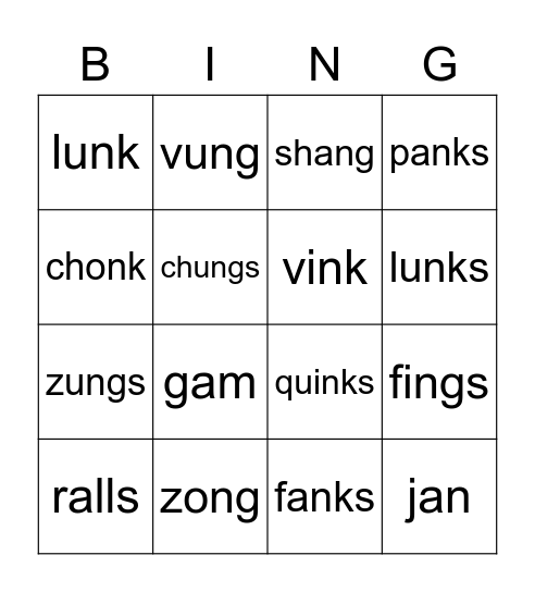 Glued / Suffix -s Nonsense Bingo Card