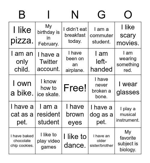 Find a Friend Bingo Card