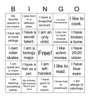 Find a Friend Bingo Card